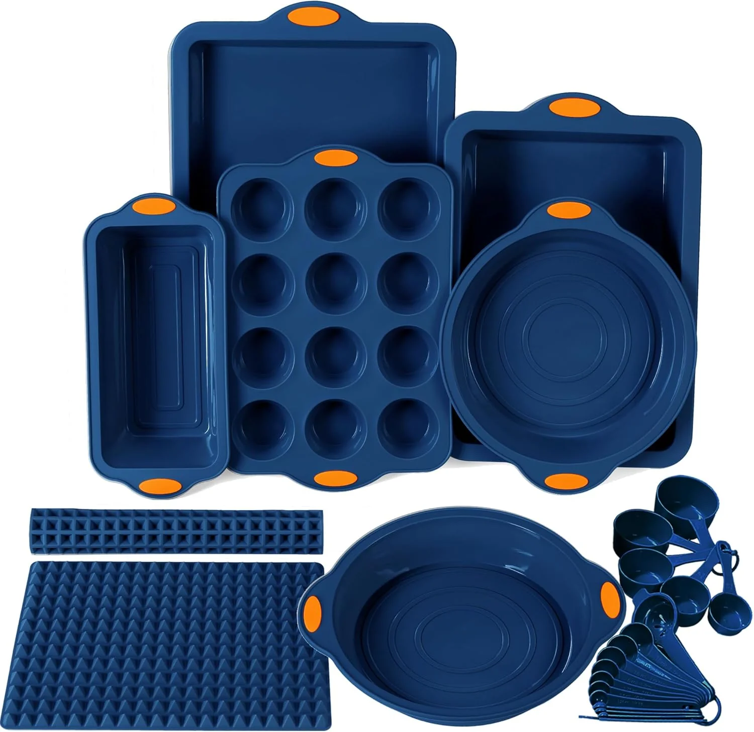 Optimized 8 in 1 Silicone Baking Set – 6 Cake Molds – 2 Silicone Baking Mat Nonstick Cookie Sheet Cake Muffin Bread Pan with Grips and Metal Reinforced Frame More Strength Navy Blue Sophisticated