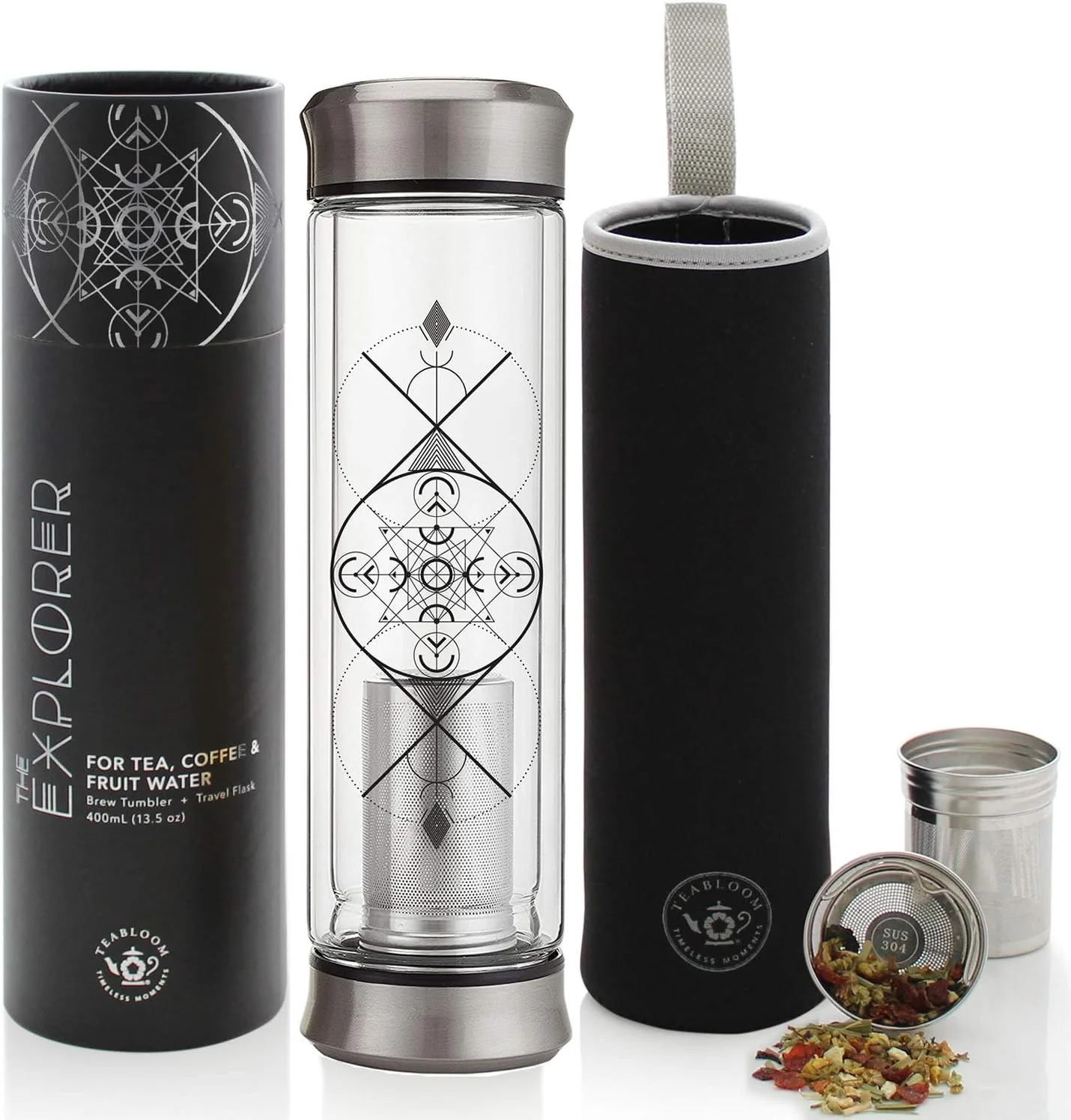 Efficient Teabloom All-Beverage Infusion Bottle – 14 oz 400 ml – Double Wall Insulated Glass Travel Flask – Hot Tea Cold Brew Coffee Thermos Artisan
