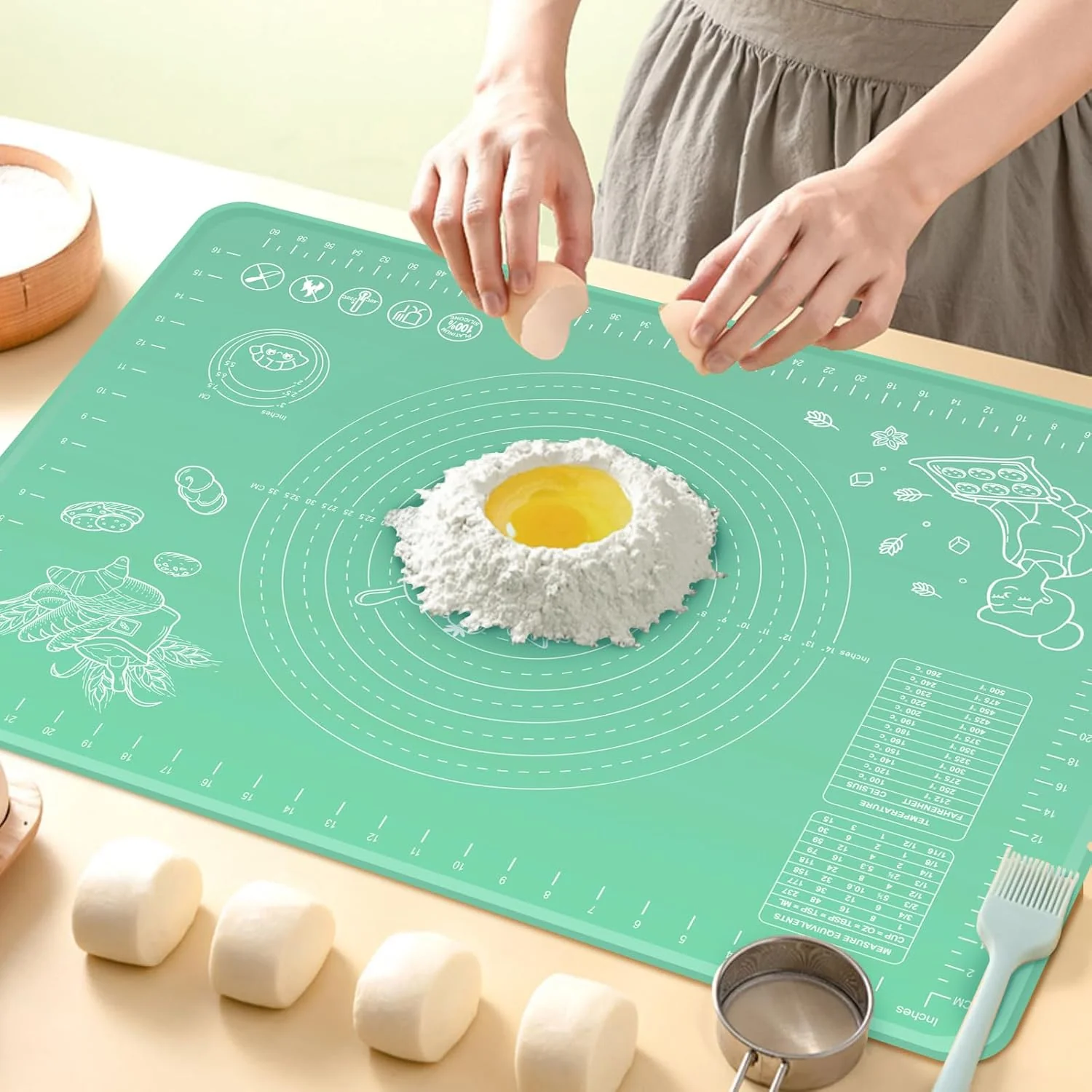 Stylish Silicone Pastry Mat 32 x 24 Extra Thick Non Stick Baking Mat with Measurements and Edge Heightening Food Grade Silicone Rolling Mat for Pastry Solid