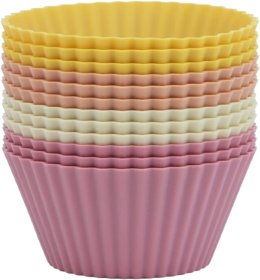 Soft Silicone Baking Muffin Cups 12 Pack Reusable Cupcake Liners Cake Molds BPA Dishwasher Safe Orange Series Standard Solid