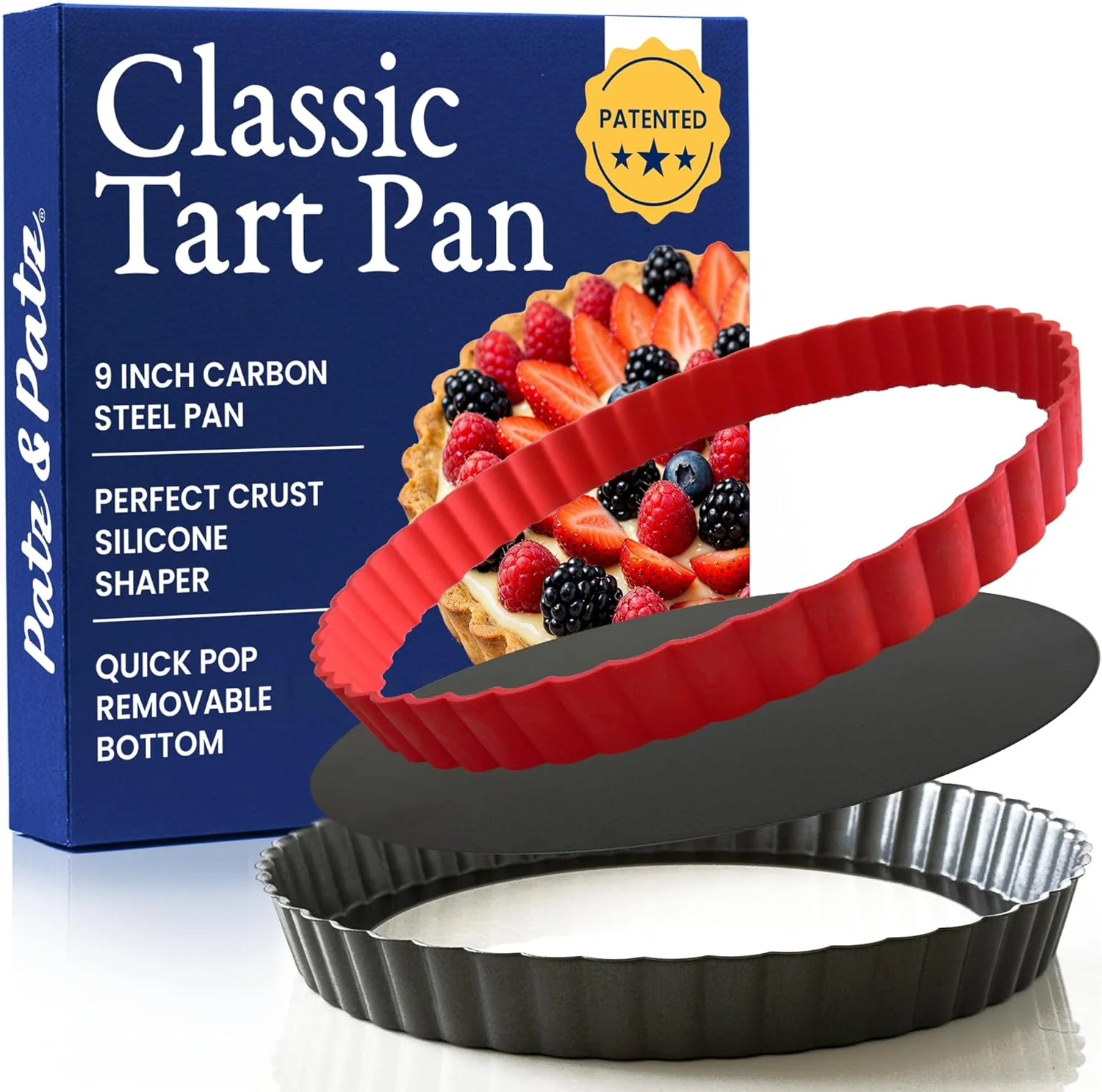Efficient Patz Patz Classic Tart Pan 9 Inch Removable Bottom with Patented Silicone Crust Shaper Nonstick Carbon Steel Quiche Baking Dish Fashionable