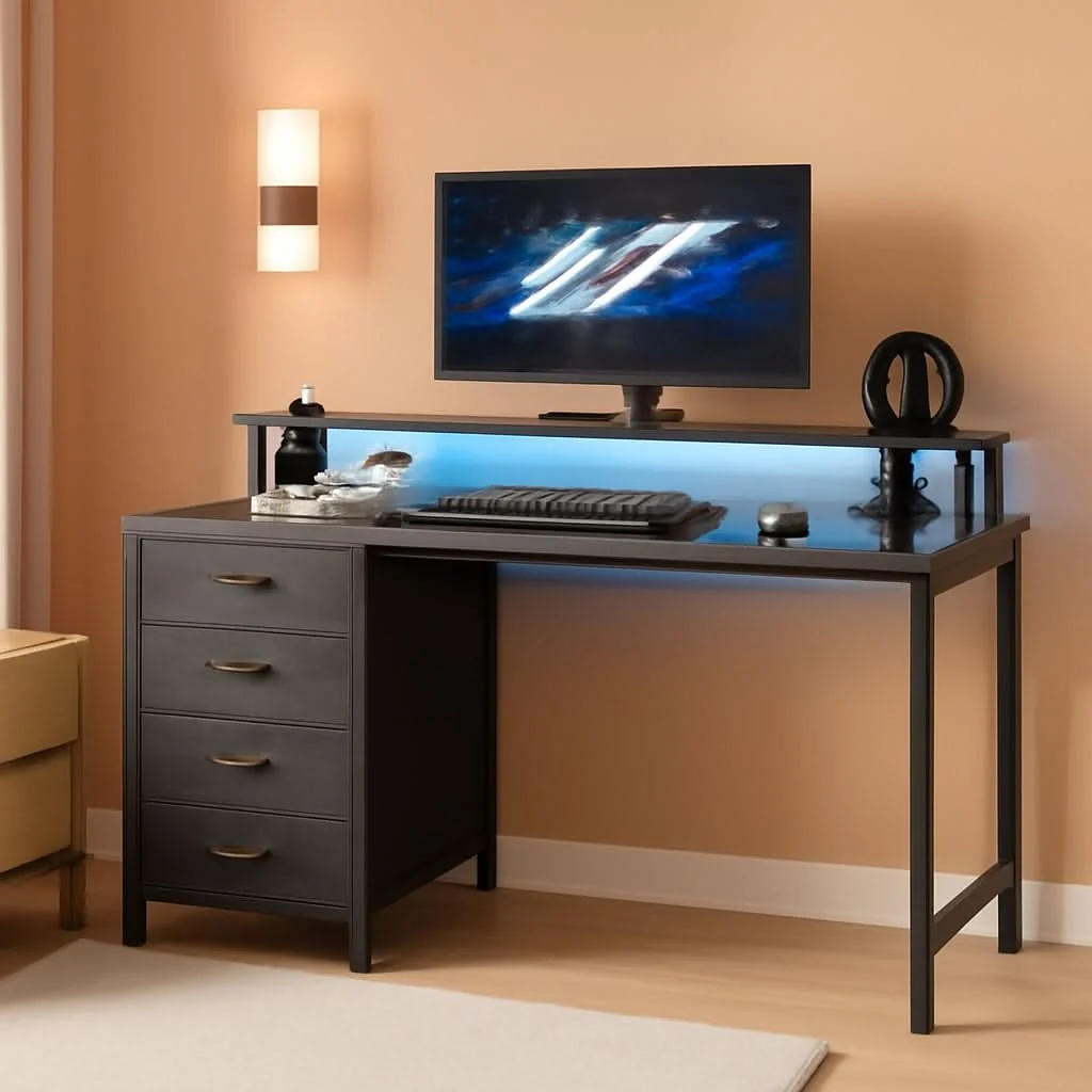 Genuine 47 Inch Computer Desk With LED Lights For Home Office Expertly Made