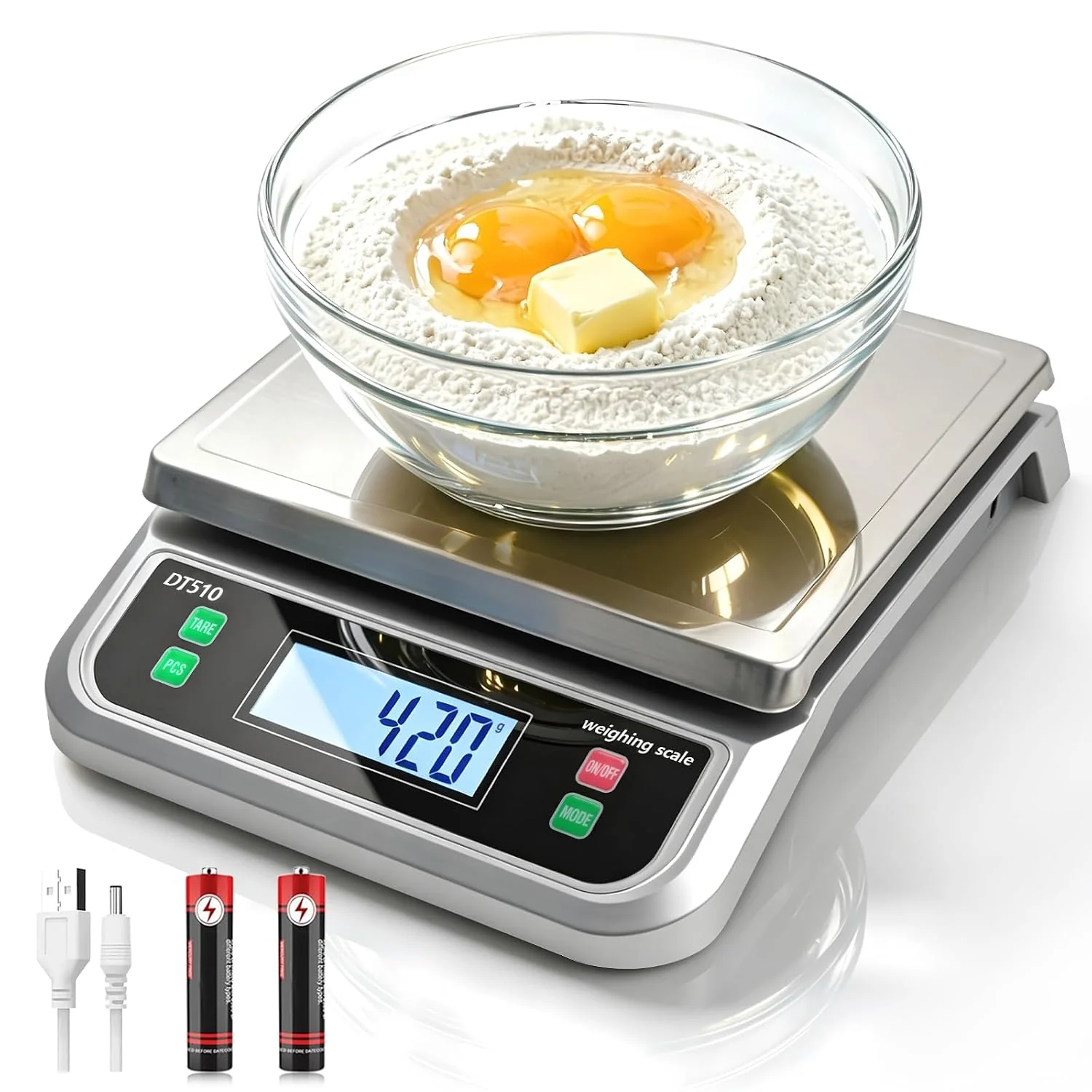 Eco-Friendly 88lb Food Scale Stainless Steel with 6 Unit and Tare PCS Funtion Commercial Kitchen Scale with Full View LCD Display Large Kitchen Scale for Baking Cooking flour fruits Silver Top-Quality