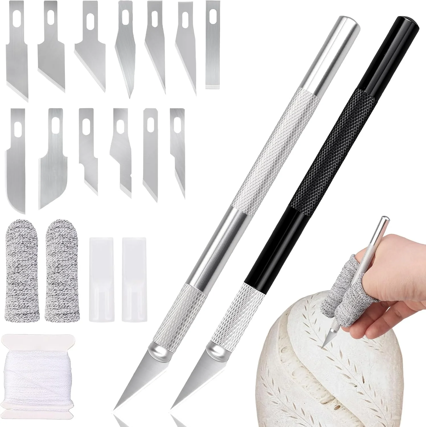 20Pcs Bread Lame Scribing Tool Kit – 2 Precision Scribes with 15 Blades Finger Guard Design Cord Safety Cover and Storage Box Premium