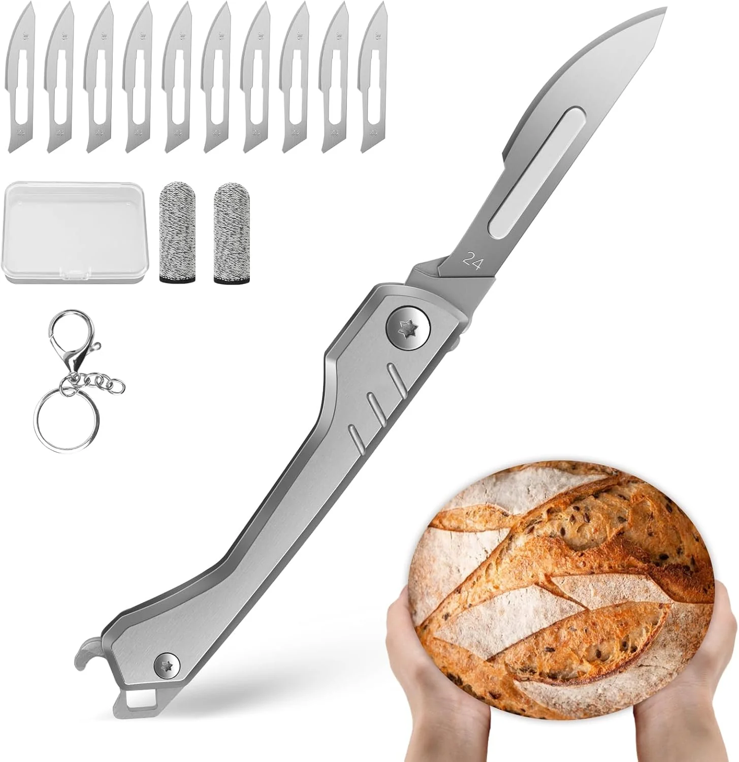 Professional Bread Lame Dough Scoring Tool – Multi-Purpose Scoring Knife Folding Bread Scorer Tool for Sourdough Bread Baking with 10 Bread Razor Blades （Grey） Top-Quality