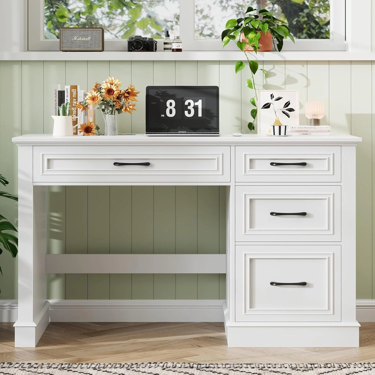 Fashionable Cream White Farmhouse Executive Desk Featuring Drawers Fast