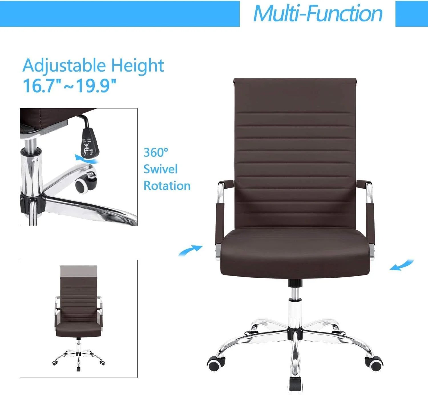 User-Friendly Ribbed PU Leather Office Chair With Arms Brown Adjustable Durable
