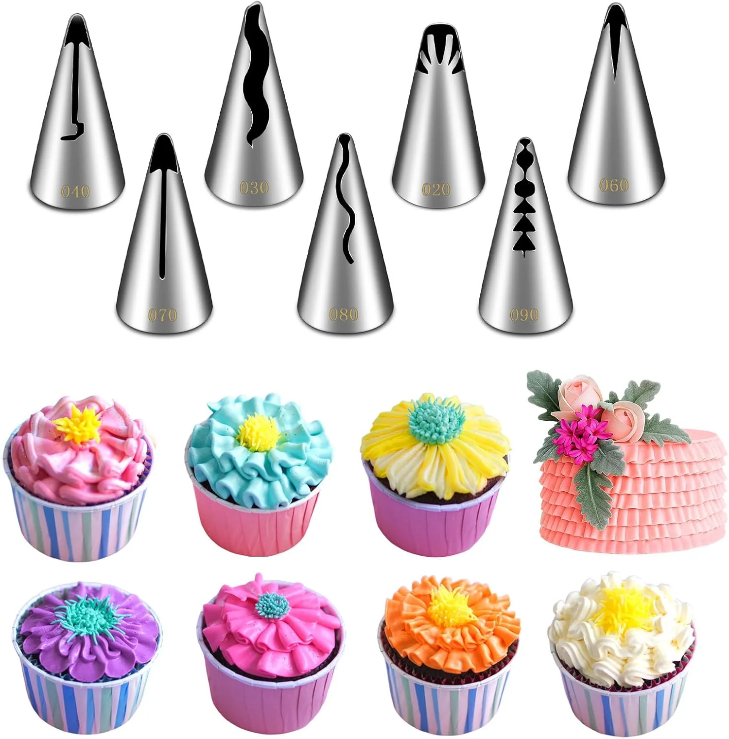 Modern Suuker 7 Pieces Pleated Skirt Piping Nozzles Set Stainless Steel Russian Nozzles Tips Piping Set For Pastry Fondant Refined