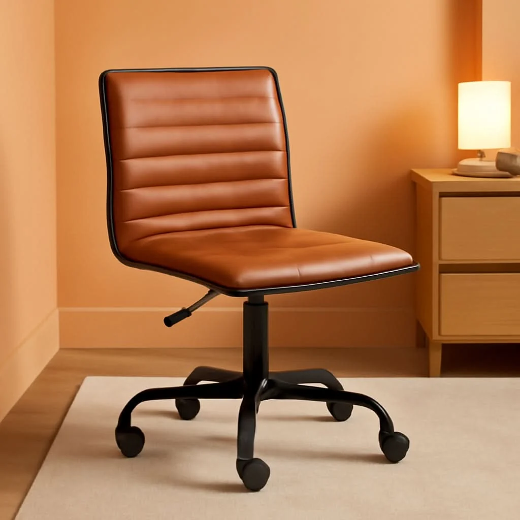 Authentic Low-Back Ribbed Upholstered Vinyl Swivel Desk Chair Brown Adjustable Premium