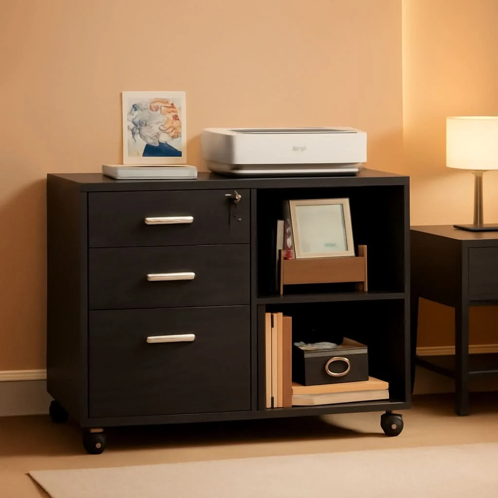 Durable Three Drawer Wood File Cabinet With Lock Black Finish Top-Quality