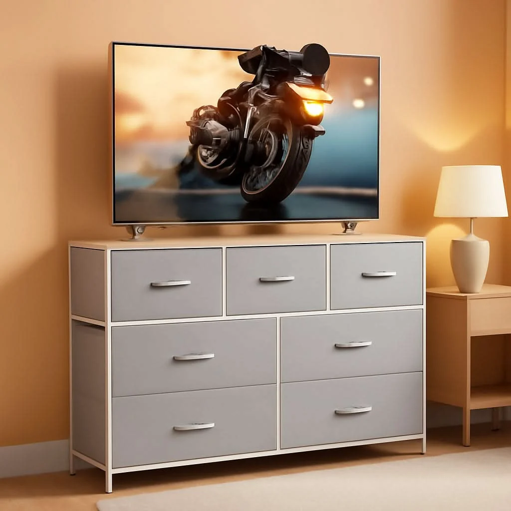 Specialty Light Grey Dresser TV Stand 45 Inch TV With Fabric Drawers Safe