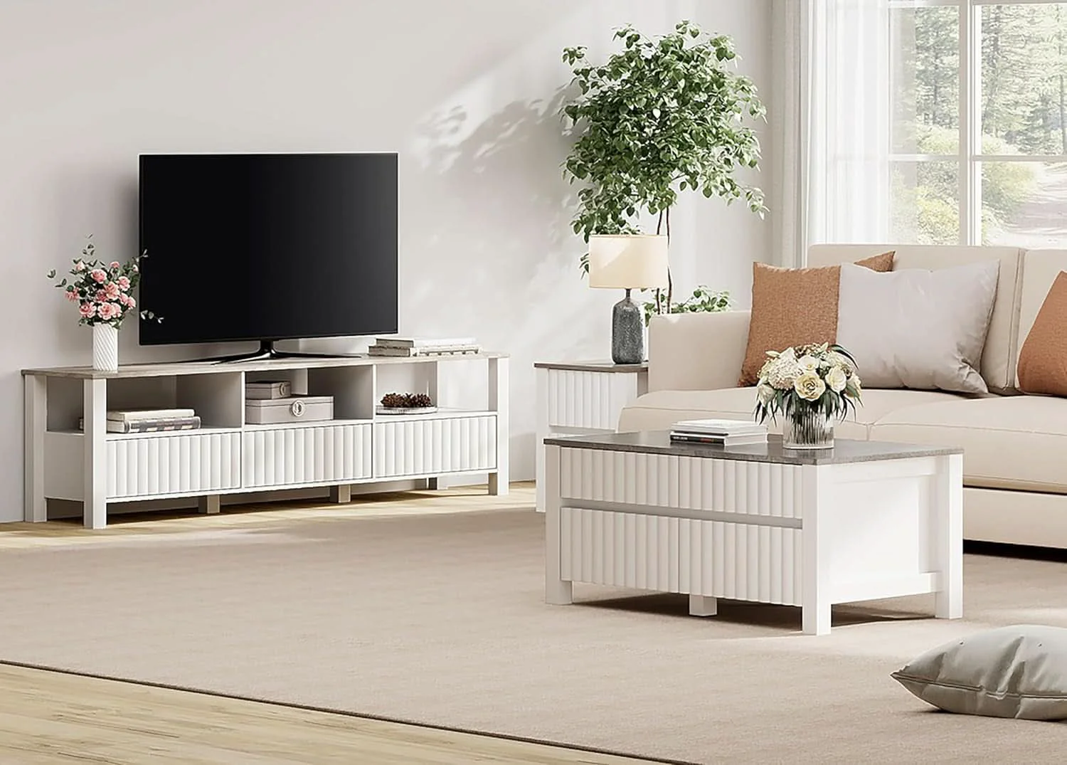 Fast White TV Stand With Generous Storage LED Illumination Durable