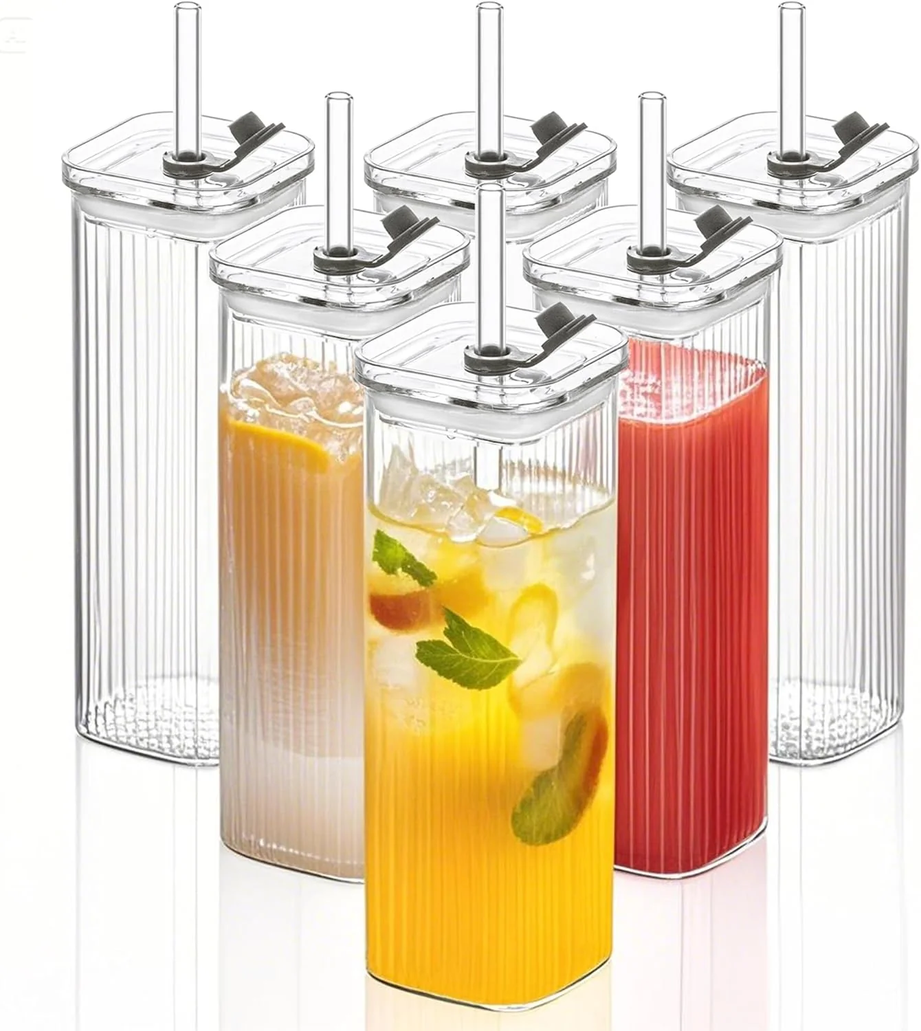 Trendy Kemorela 6 Sets Glass Cups with Lids Straws Square Ribbed Drinking Glasses with Lids Clear Highball Tumblers for Cocktail Coffee Juice Beer Fine