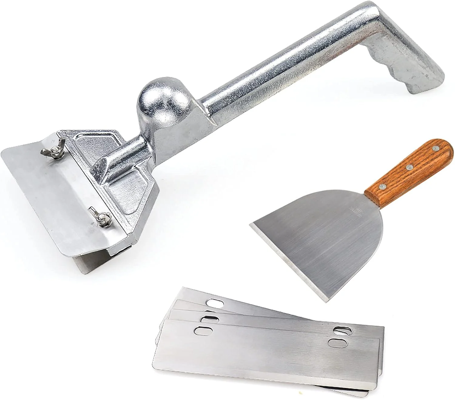 User-Friendly Grill Scrapers Heavy Duty Casting Aluminum Commercial Griddle Scraper with 5 Blades and Small Slant Edge Grill Scraper Lightweight