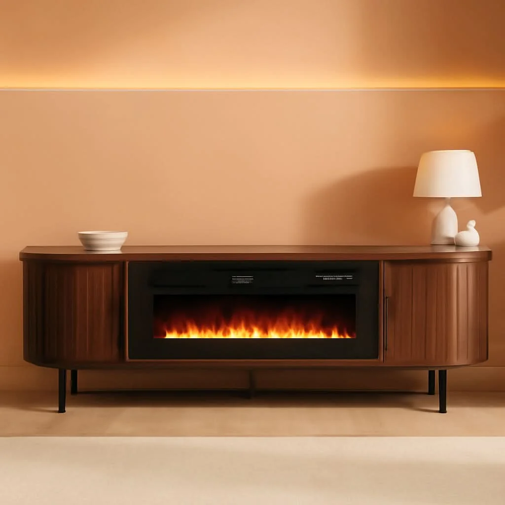Innovative Seventy Inch Walnut TV Stand With Electric Fireplace Elegant