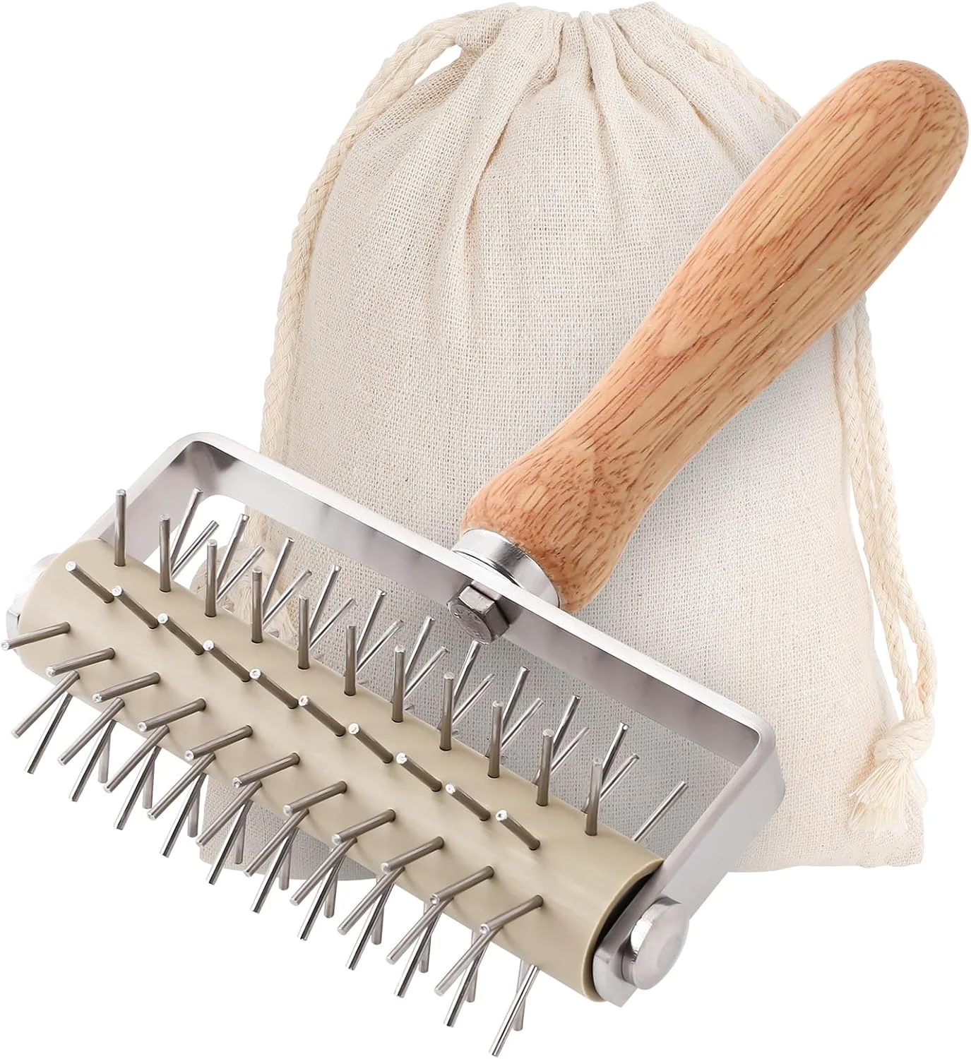 Healthy Pizza Dough Docker Professional Dough Roller with Stainless Steel Spikes Wood Handle Sturdy Pizza Docking Tool for Home Commercial Kitchen Easy-to-Use