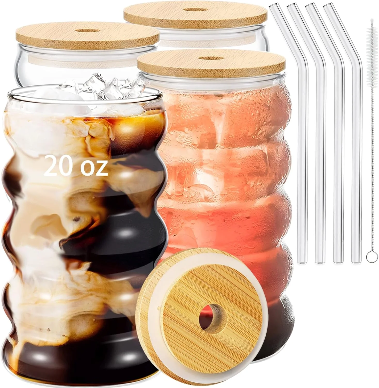 Breathable 4 Pcs 20oz Drinking Glasses Set with Bamboo Lids and Straws Cute Iced Coffee Glass Cups Iced Coffee Tumblers Thick Drinking Jars for Smoothie Original Design