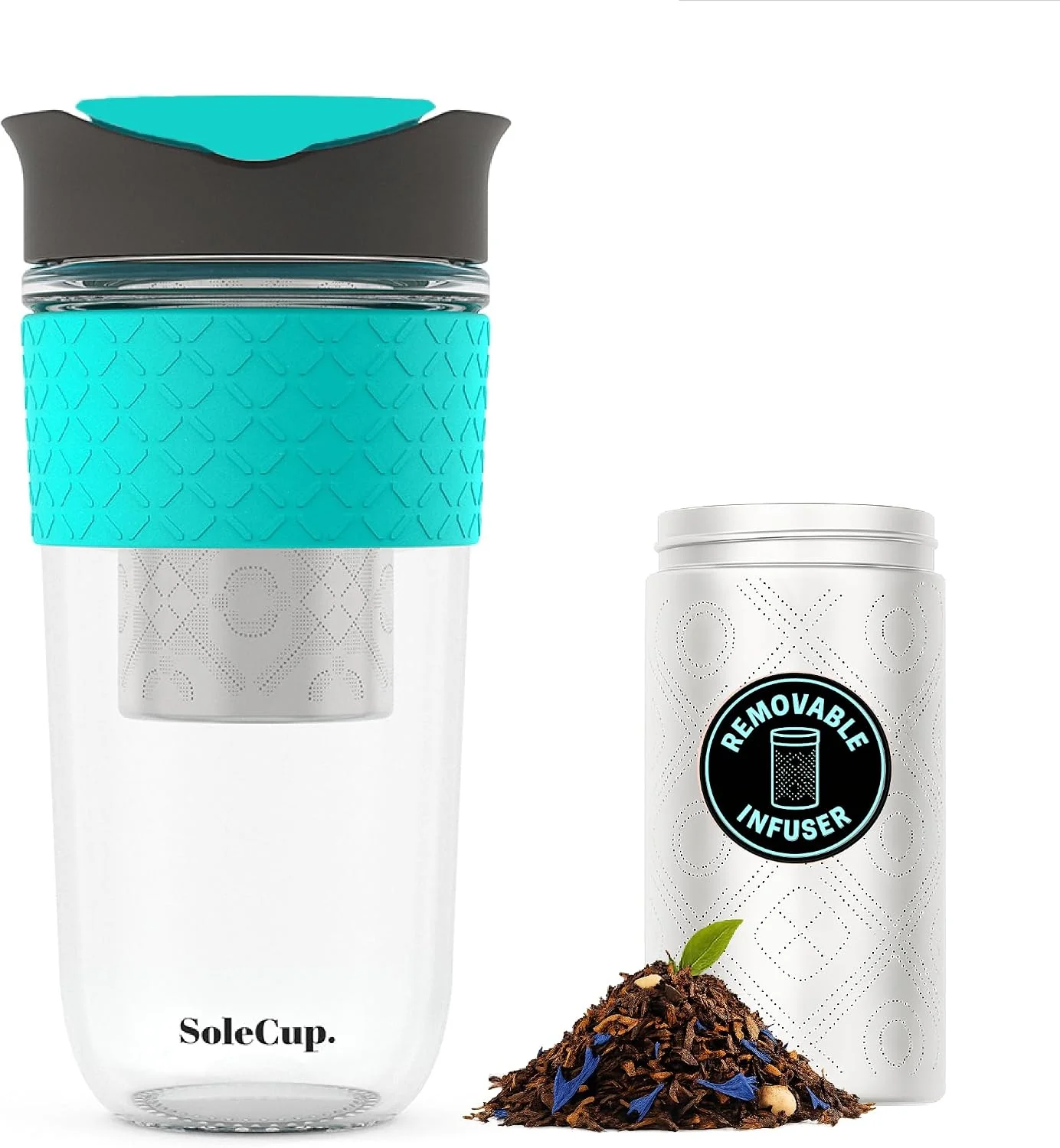 Fine Crafted Large Travel Mug Loose Tea Infuser – Detachable Tea Strainer with Spill Proof Lid – 18oz 530ml BPA- Reusable Glass Travel Coffee Cup with Silicone Band Gray and Blue 18oz Healthy