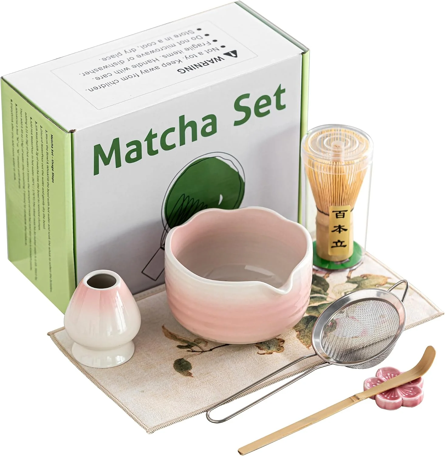 Excellent Matcha Whisk Set Ceramic Matcha Set Includes Bowl Spout Bamboo Chasen Whisk with Ceramic Holder Matcha Scoop and Stainless Sifter Matcha Kit Valentine’s Day Gifts for Women 7Pcs Pink Superior