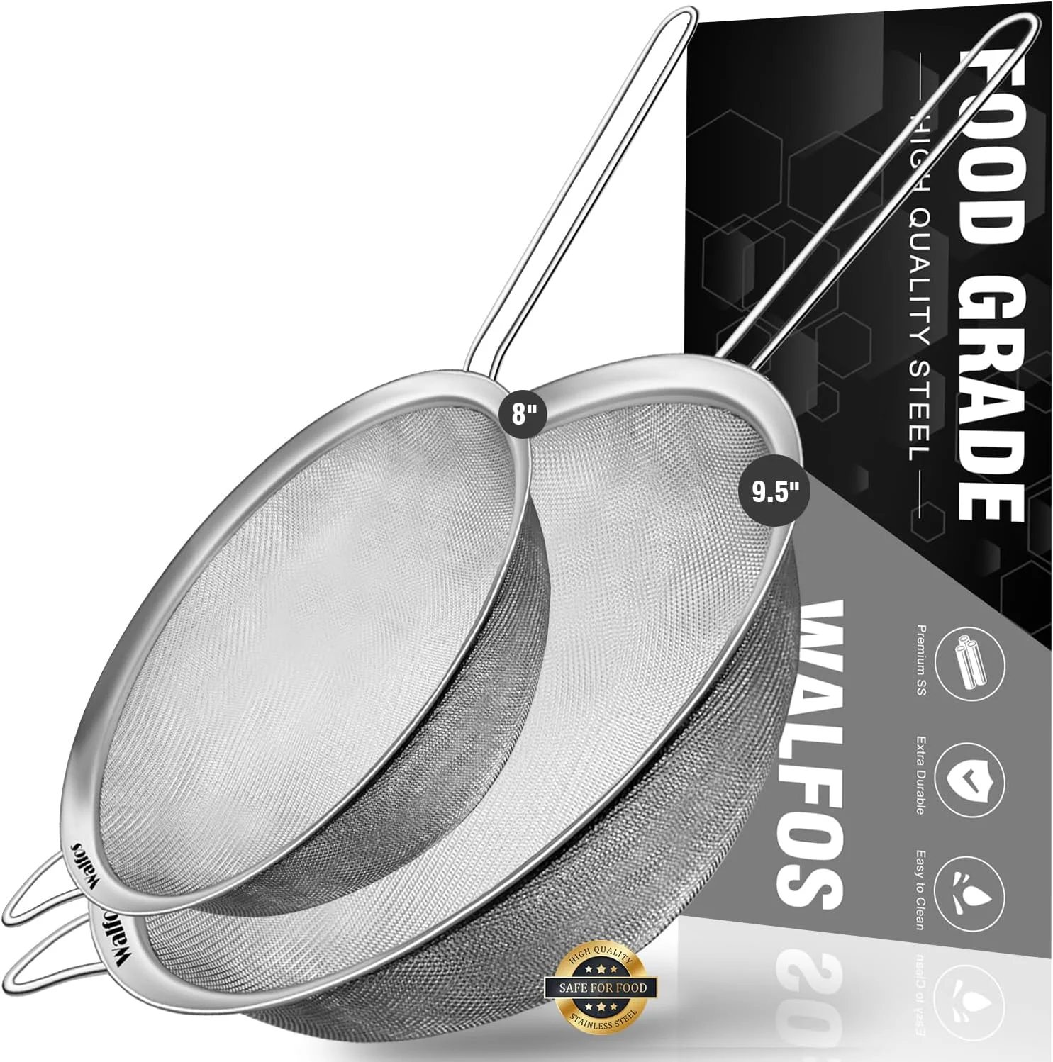 Flexible Walfos Large Fine Mesh Strainer 9.35 amp 7.8 Stainless Steel Mesh Sieve with Sturdy Handle Kitchen Metal Food Strainers for Quinoa Rice Pasta Fruits Vegetables etc. Set of 2 Durable