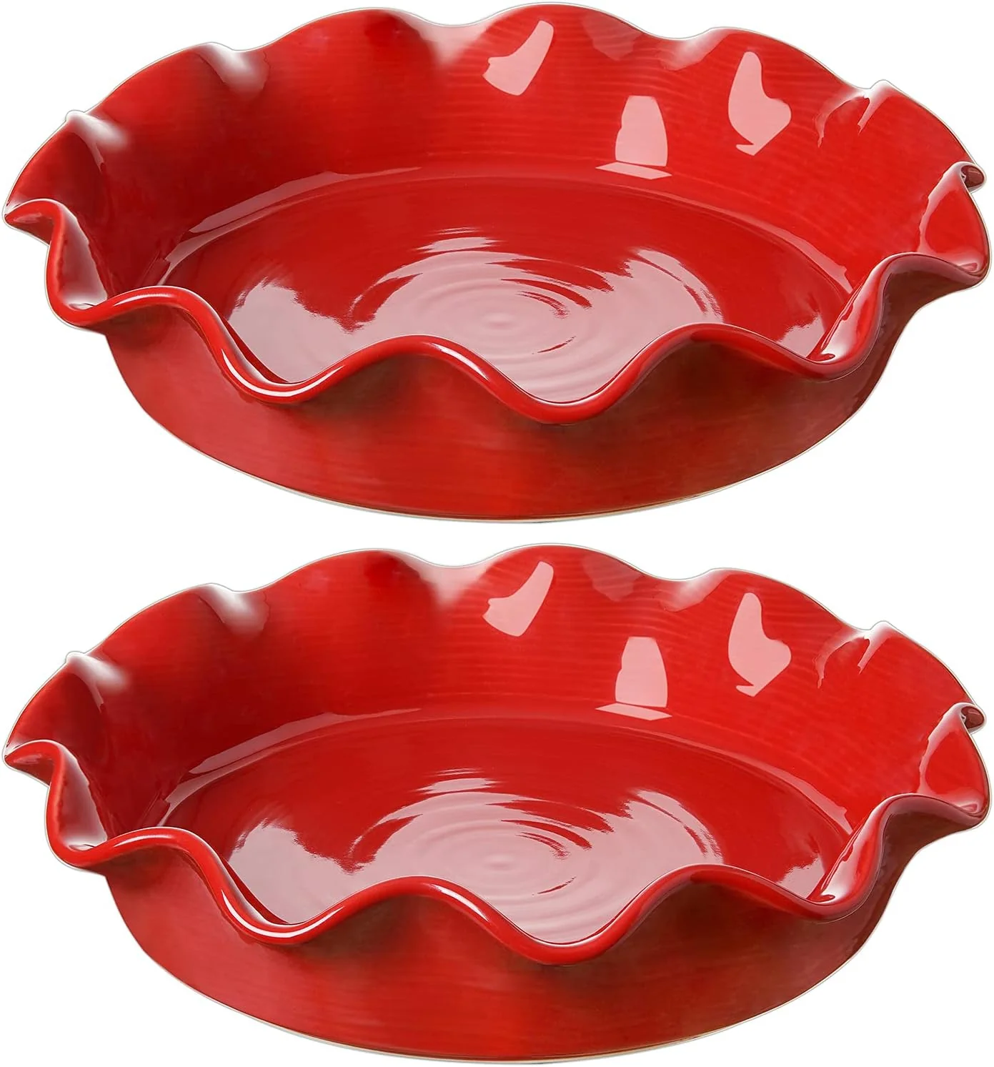 Lightweight LE Tauci Ceramic Pie Pans for Baking 11 Inches Deep Dish Pie Plate for Apple Pie 48 Ounce Baking Dish with Ruffled Edge Set of 2 Red Detailed