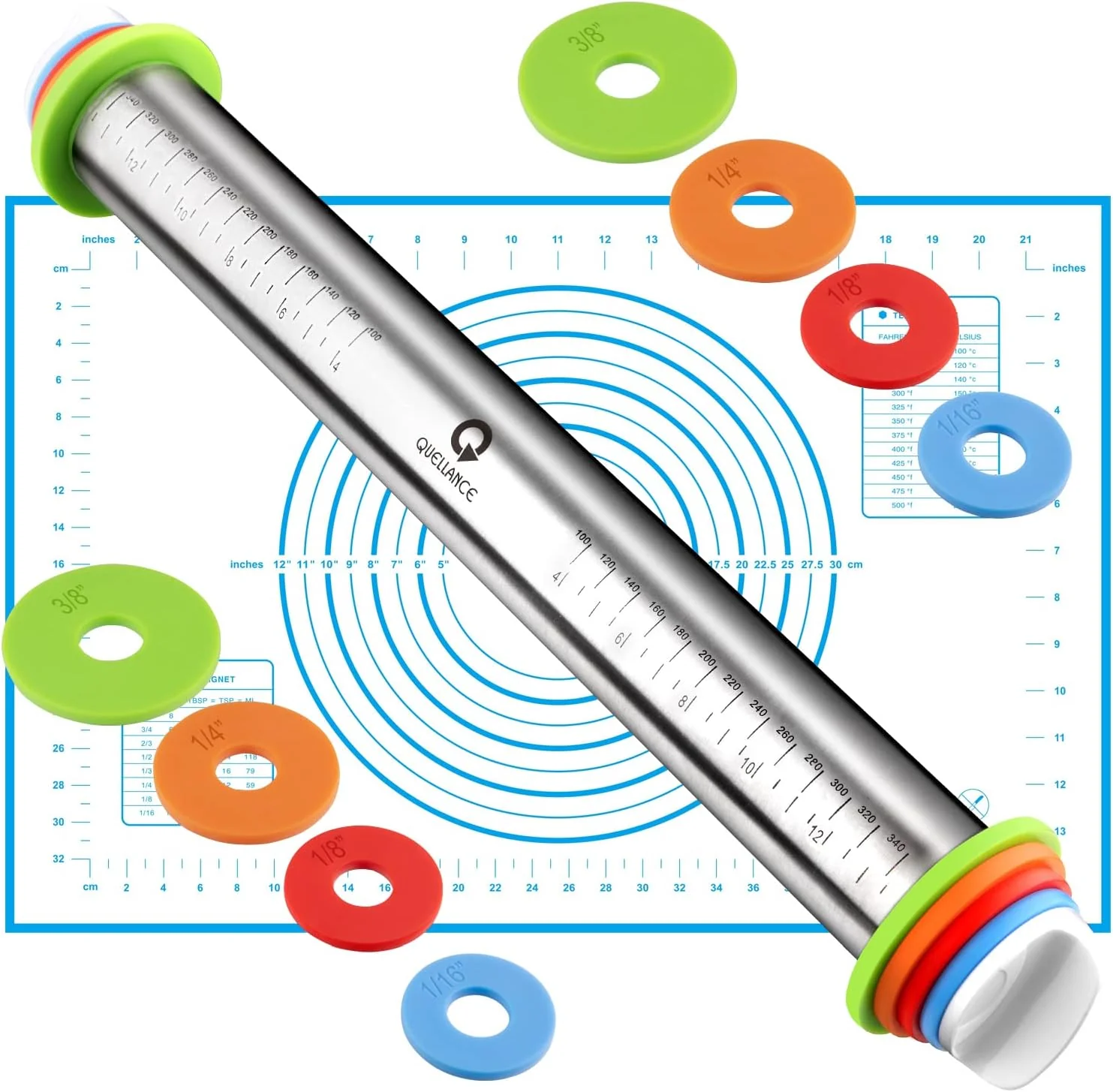 Reusable Stainless Steel Rolling Pin amp Baking Mat Set with Adjustable Thickness Ring 17in Non-Stick Metal Dough Roller with Red Keading Mat. Home Baking Essential Tools for Fondant Pizza Pie Pastry Pasta Cookie Versatile