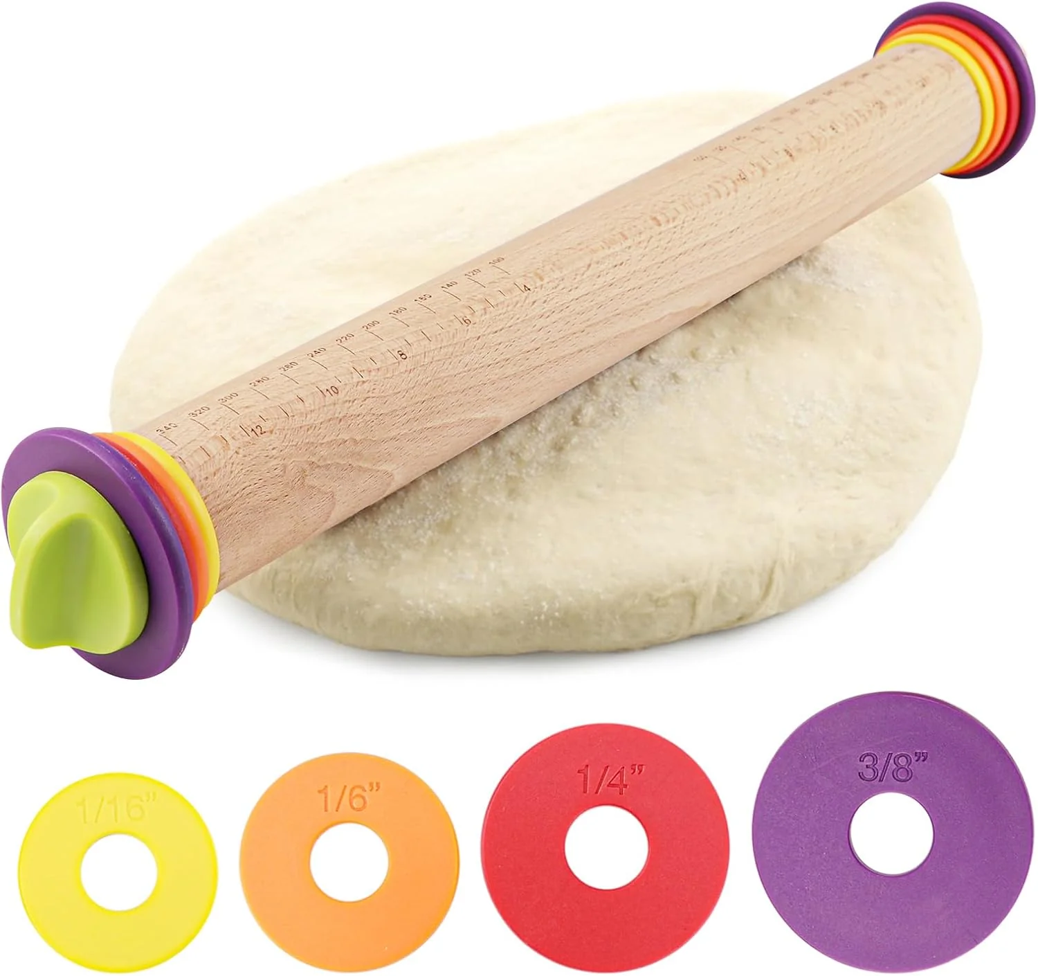 Selected 17Inch Wooden Rolling Pin Rolling Pin with 4 Adjustable Thickness Ring Graduated Rolling Pin for Baking Fondant Pizza Crust Cookies Pastry Solid
