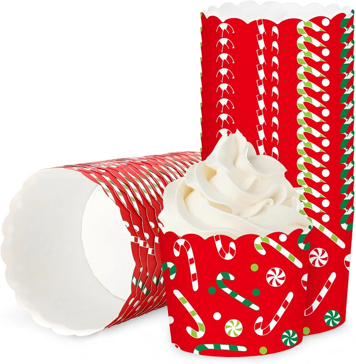 Breathable Whaline 100Pcs Christmas Paper Baking Cups Red Green Candy Cane Cupcake Wrappers Scalloped Edge Cupcake Muffin Cases for Xmas Winter Holiday Party Dessert Decoration Artisan