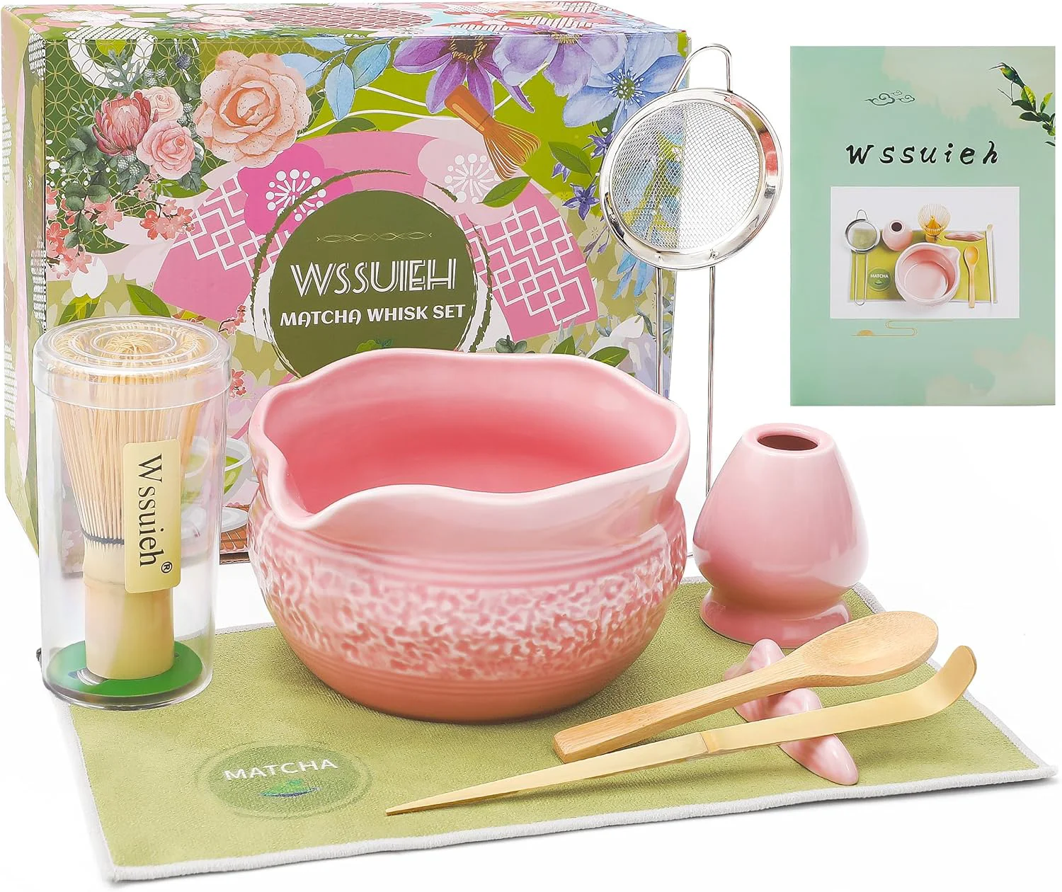 Consistent Matcha Whisk Set Pink Matcha Set 8 Pcs Complete Ceramic Matcha Making Kit with Bowl Bamboo Whisk Holder Stainless Sifter Tea Towel High-Performance