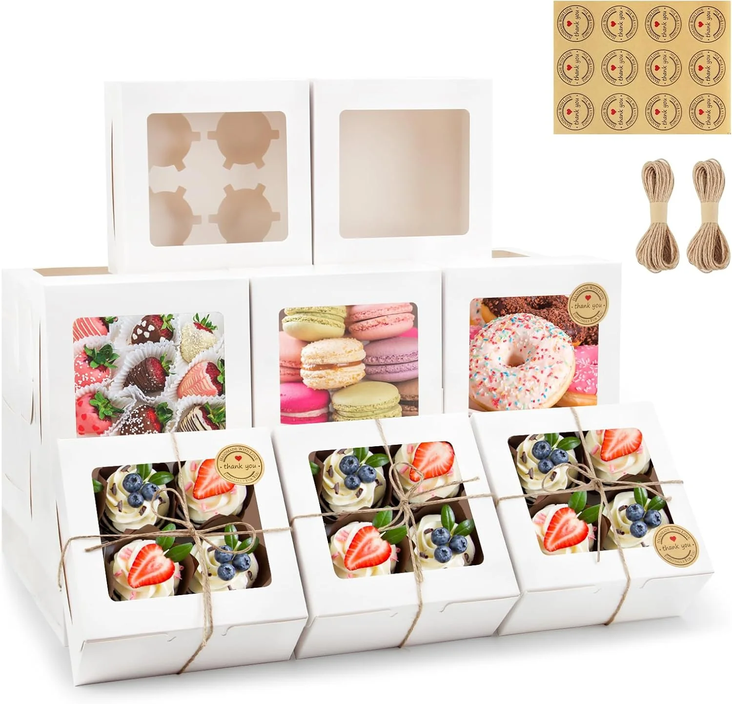 Minimalist Oamceg 50 PCS White Cupcake Boxes with Window and Insert 6x6x3 Inch Kraft Treat Boxes with 4 Cavity for Cookies Pastries Desserts Luxury