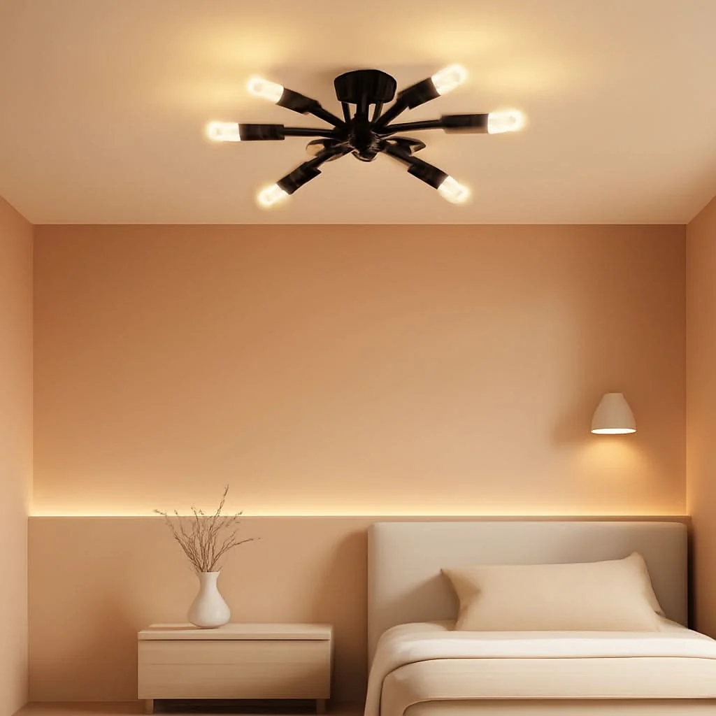 Safe Six Light Black Matte Sputnik Chandelier Semi Flush Ceiling Light Soft