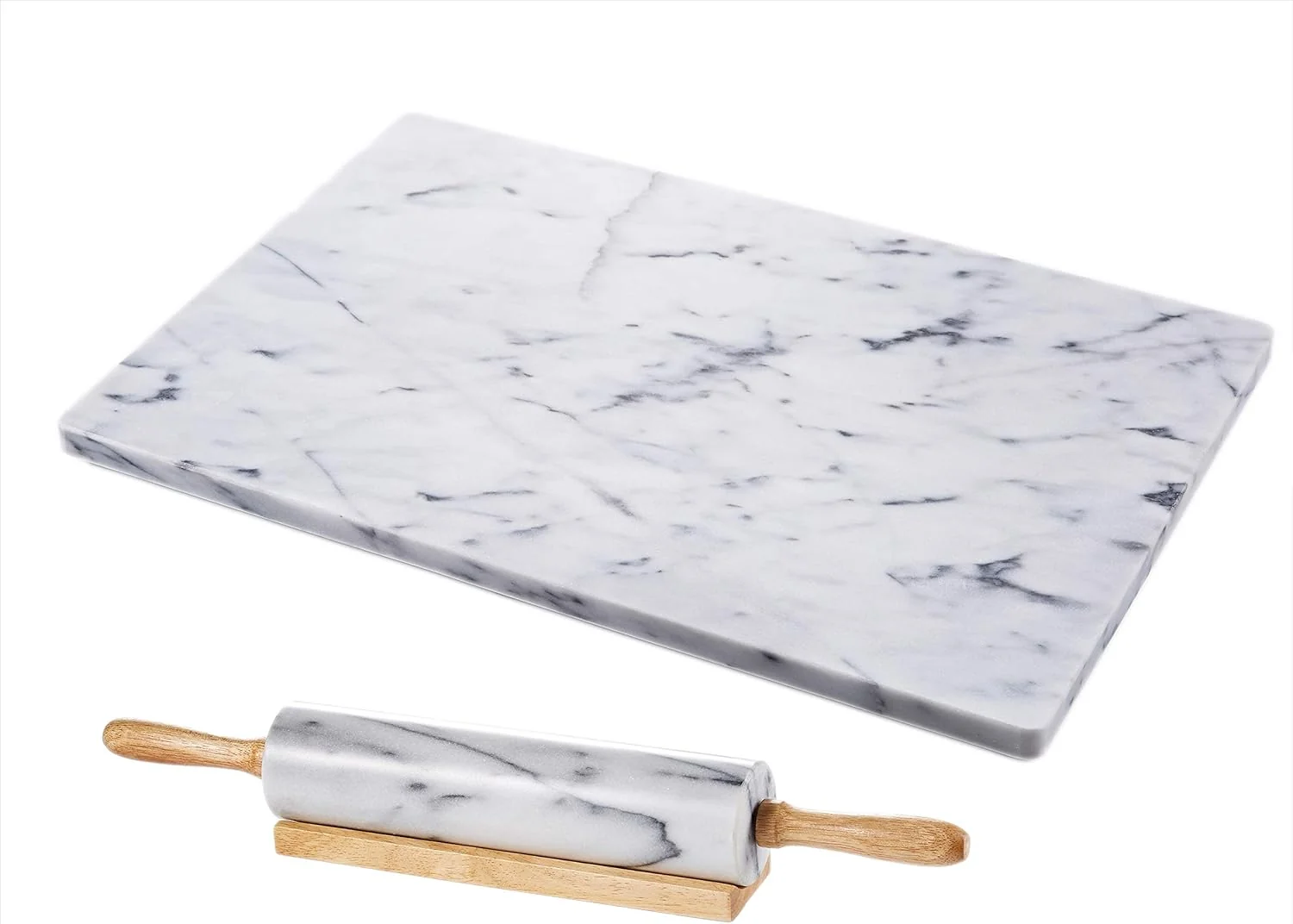 Next-Generation JEmarble Pastry Board 16×20 inch Set with Rolling Pin Wooden Handles 18 inch White Non-Slip Rubber Feets for Stability for Keep the Dough Safe
