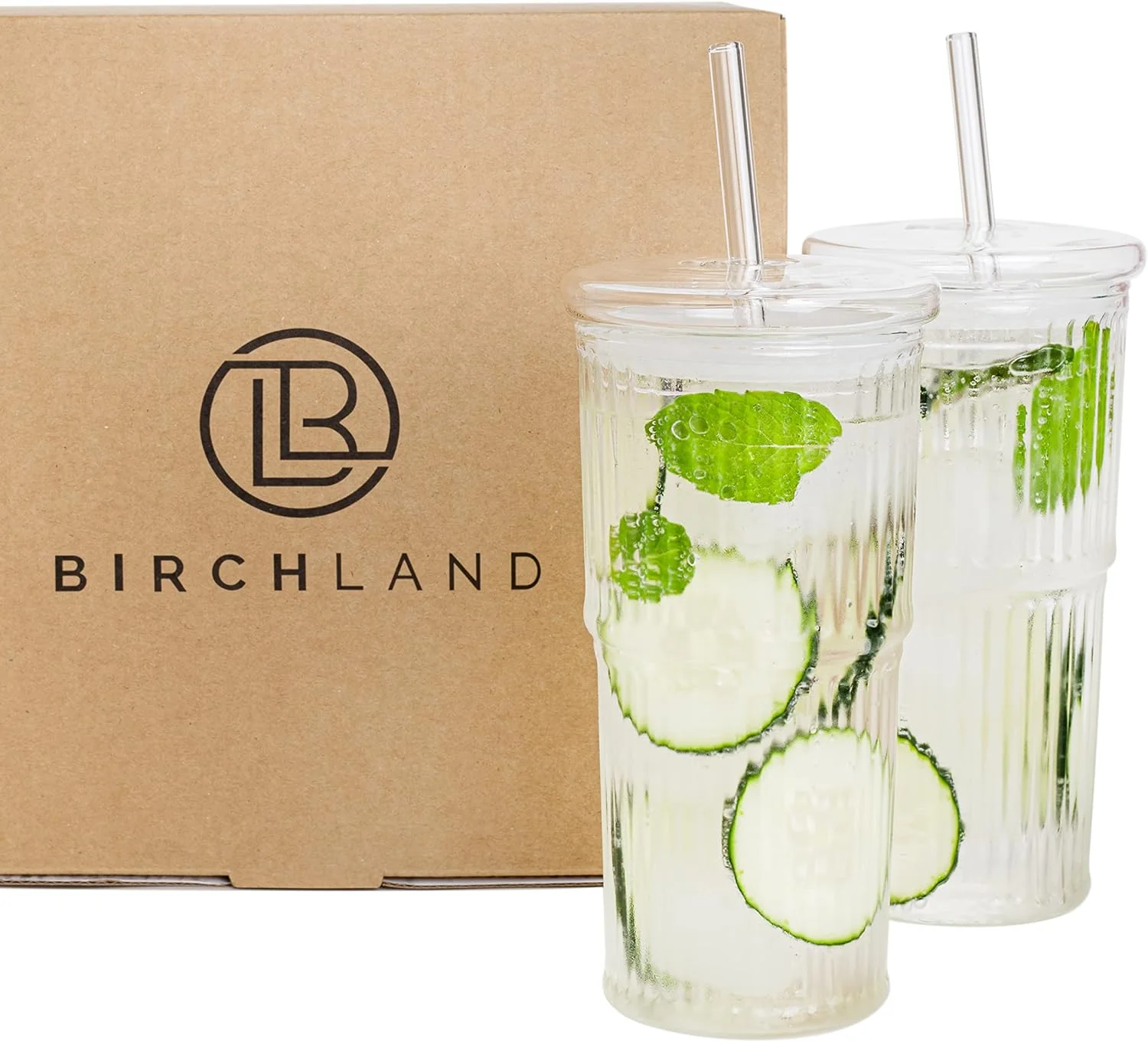 Relaxed All Glass Iced Coffee Cup with Lid and Straw Ribbed Glass Tumbler Set of 2 22 oz ribbed Long-Lasting