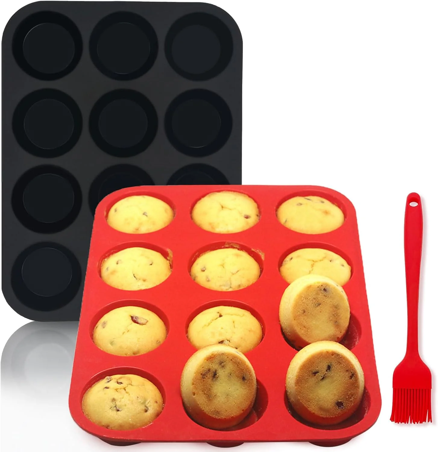 Clean Silicone Muffin Pan Set 2 Pcs 2.8 12 Cups Egg Bite Mold Non-Stick Easy Release For Egg Muffins Cupcakes Large Muffins Pizza Muffins Cheesecakes Black Red High-Performance