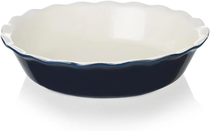 Secure Sweejar Ceramic Pie Pan 10 Inches Round Baking Dish for Dinner Non-Stick Plate With Soft Wave Edge for Apple Pumpkin Pot Pies Navy Clean