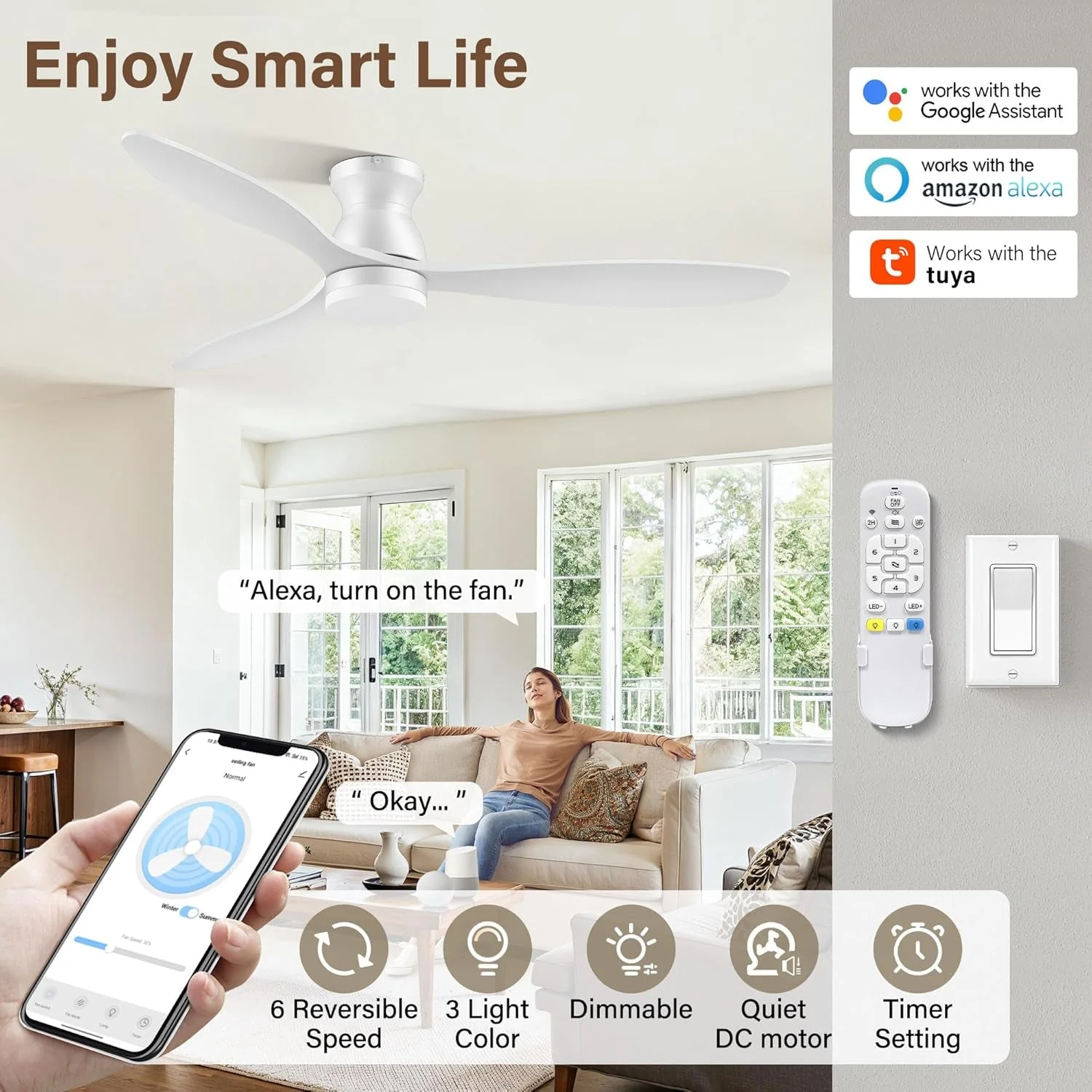 Minimalist 52 Inch Matte White FlushMount Ceiling Fan Dimmable Prestigious