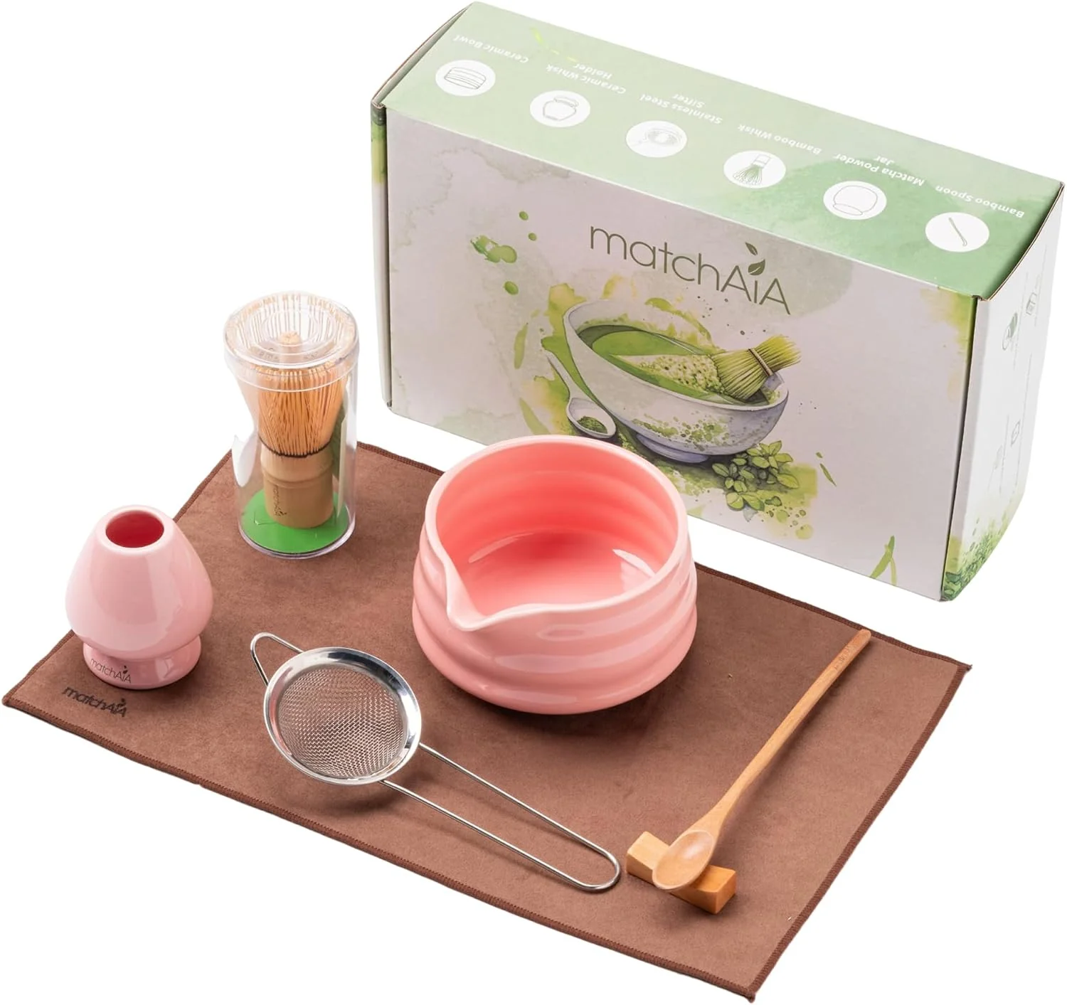 Certified MatchAiA Matcha Whisk Set – Ceramic Bowl Bamboo Whisk with Holder Sifter Schima Spoon Spoon Rest and Tea Towel – 7 Pcs Complete Kit for Traditional Matcha and Modern Lattes Pink Enhanced