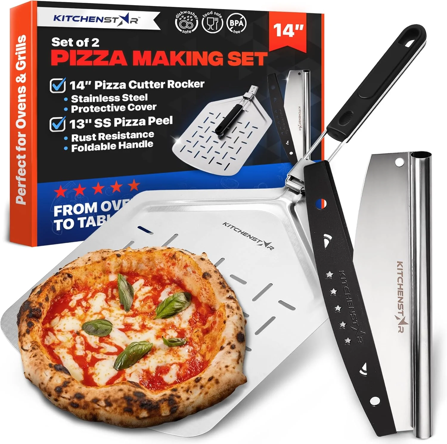 Selected 14 Pizza Making Kit Set of 2 – 14 Pizza Cutter Rocker Knife with Blade Cover 13 Perforated Stainless Steel Pizza Peel with Folding Handle First-Class