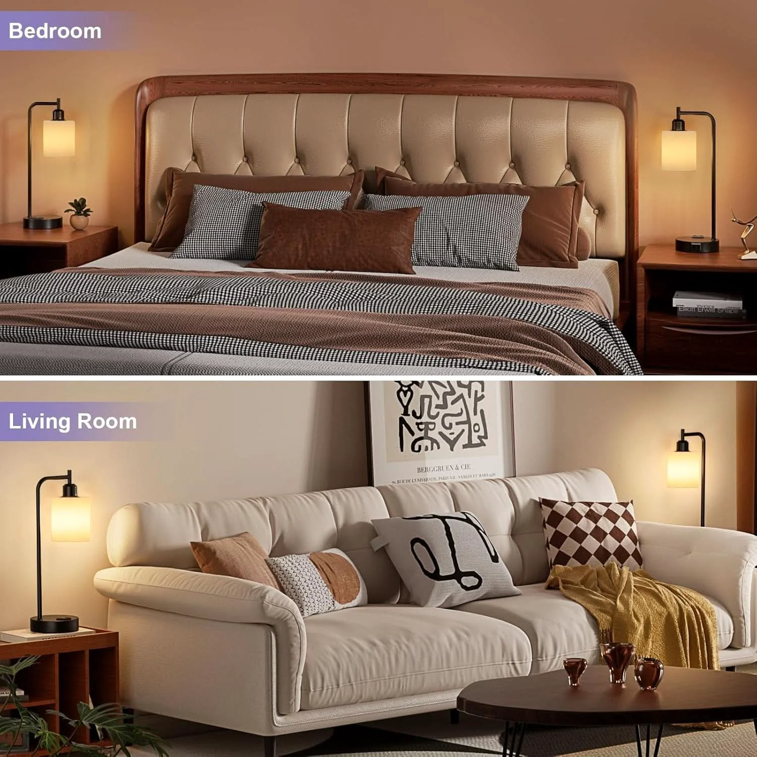 Elegant Industrial Touch Bedside Lamps 3-Way Dimmable USB-C Modern