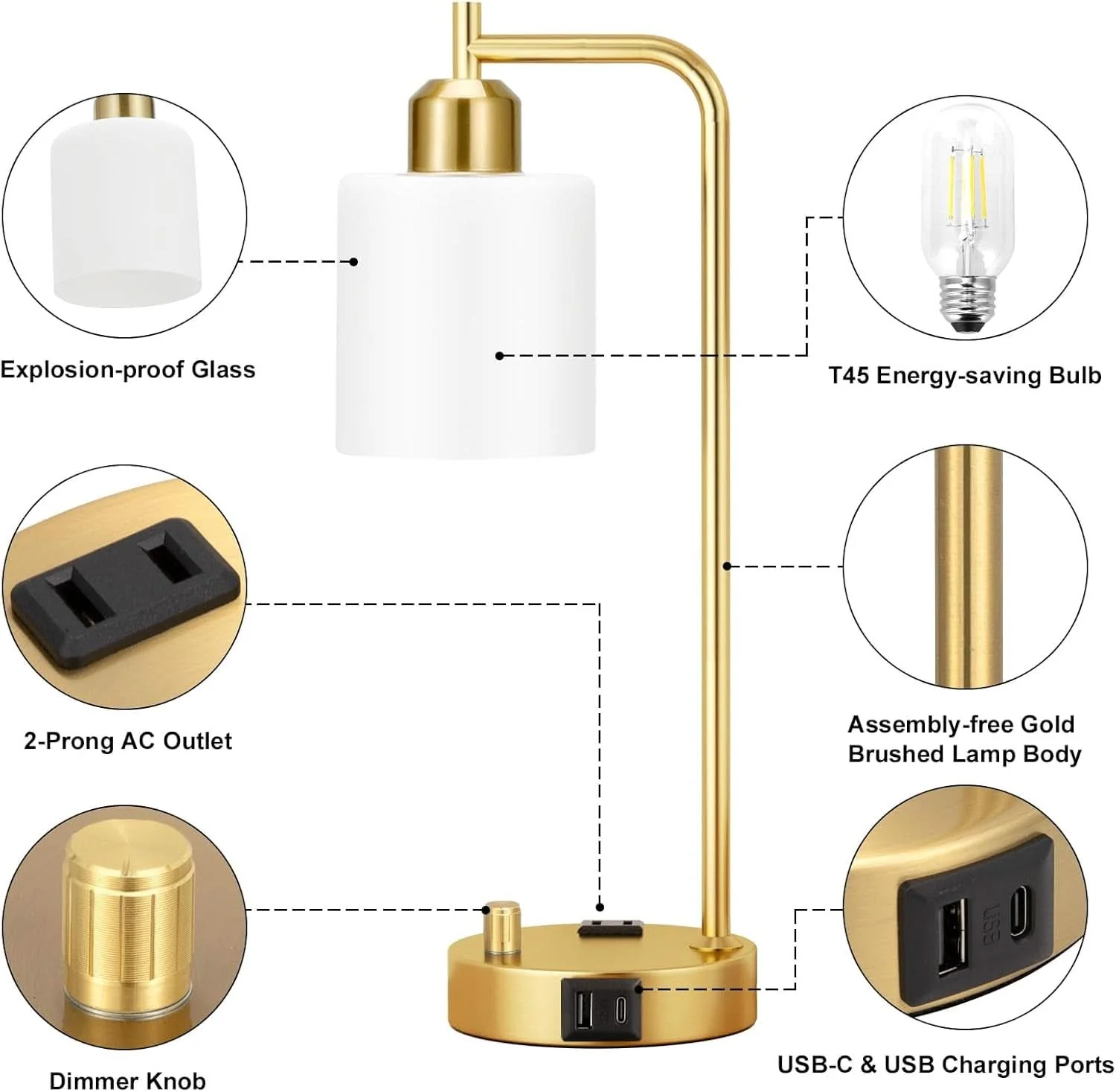 Crafted Industrial Table Lamps With USB Ports Dimmable Gold Shade Excellent