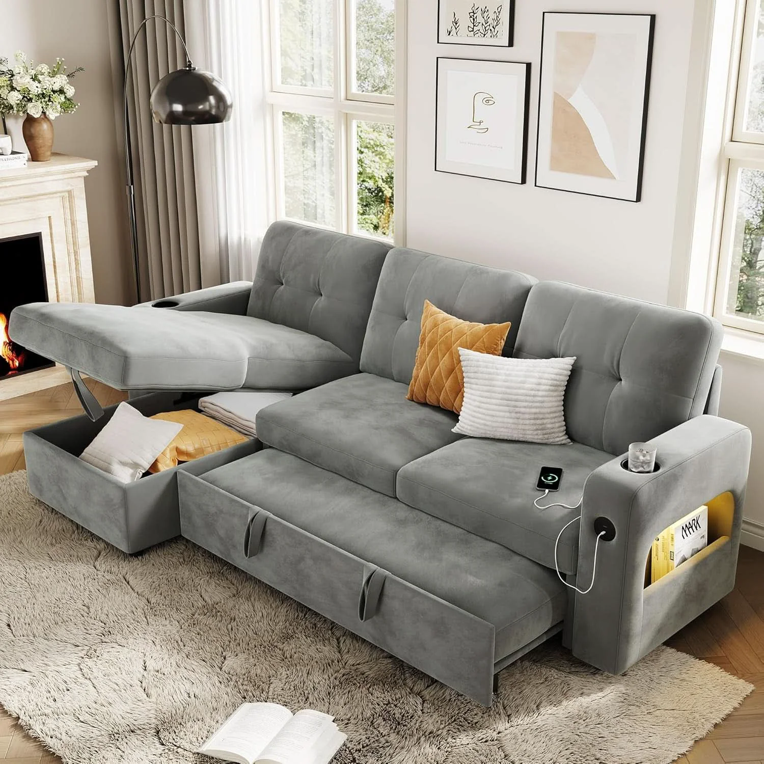 Comfortable 84Inch LShaped Sleeper Sofa Integrated Storage System Fine