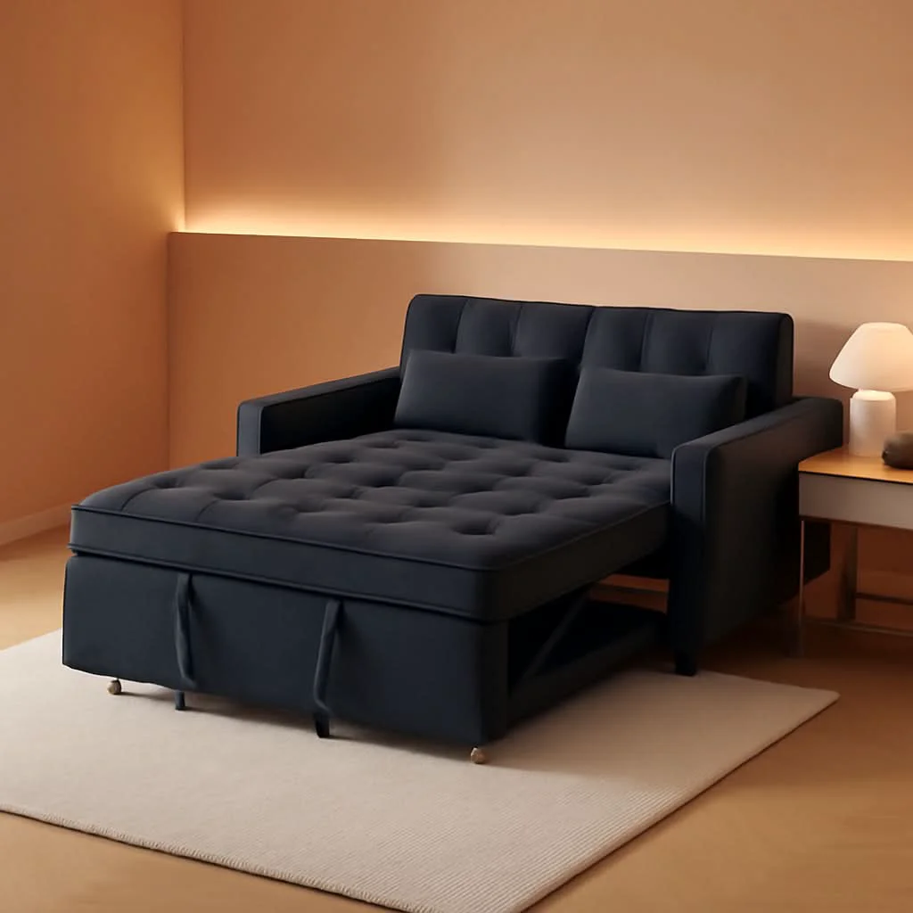 Elegant Black Velvet Sleeper Sofa With Adjustable Backrest Modern