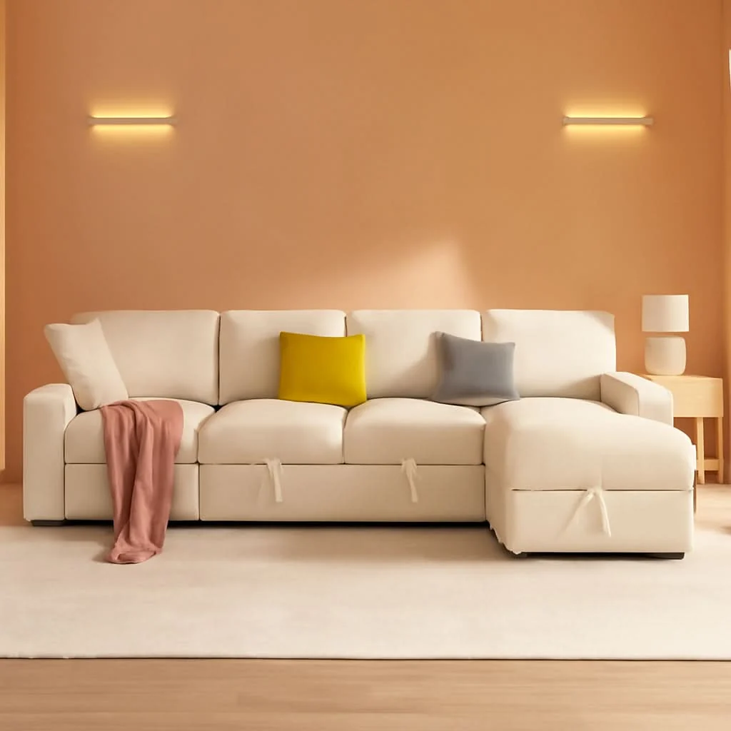 Specialty 130Inch Beige Upholstered Sleeper Sofa With Storage High-Performance