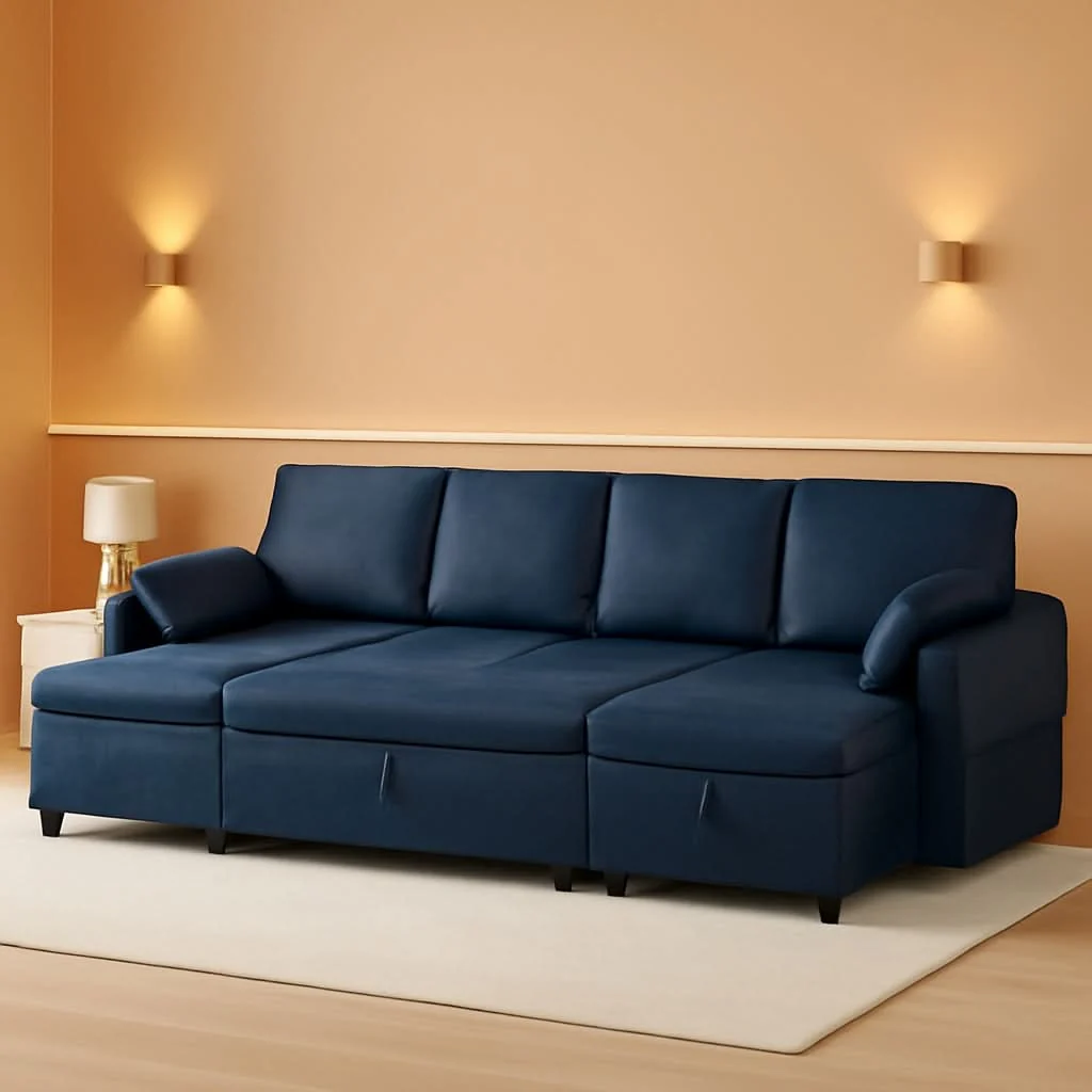 Top-Quality Blue Suede Leather 110Inch Sectional Sleeper Selected