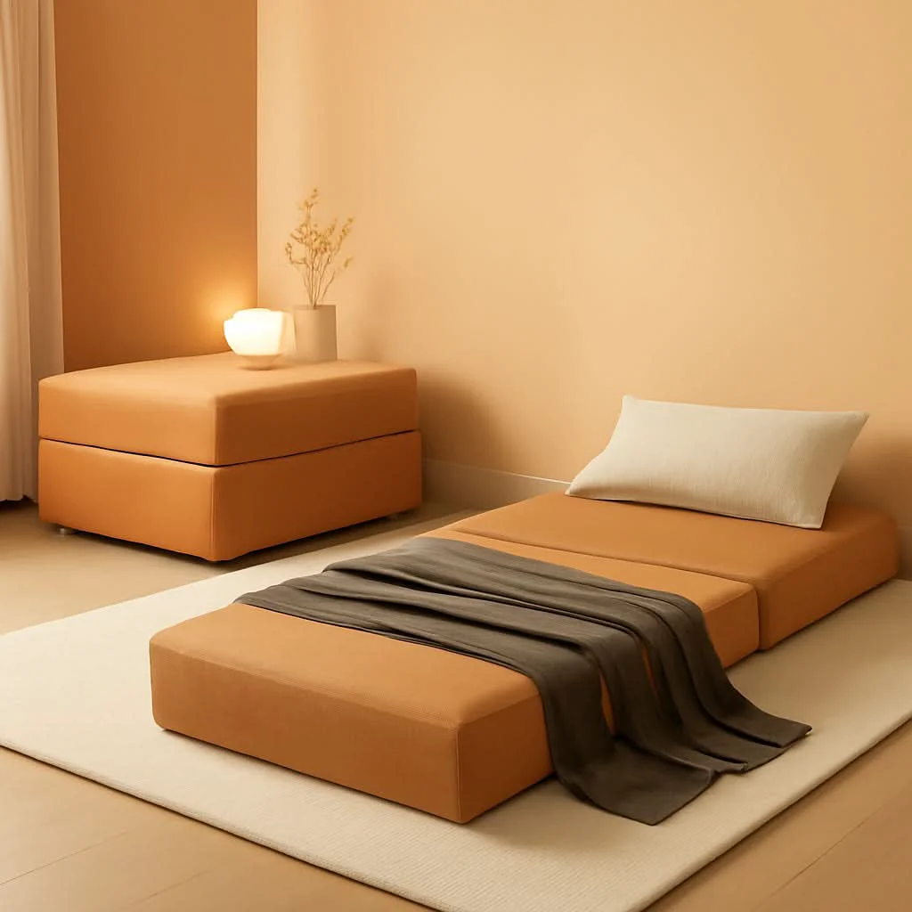 Innovative Modular Corduroy Fabric Ottoman Floor Sleeper Bed Orange Convenient