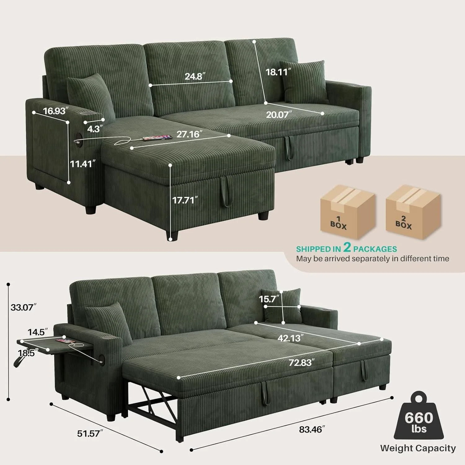 Luxury Luxurious Corduroy Green 83-Inch Sleeper Sectional Sofa Long-Lasting