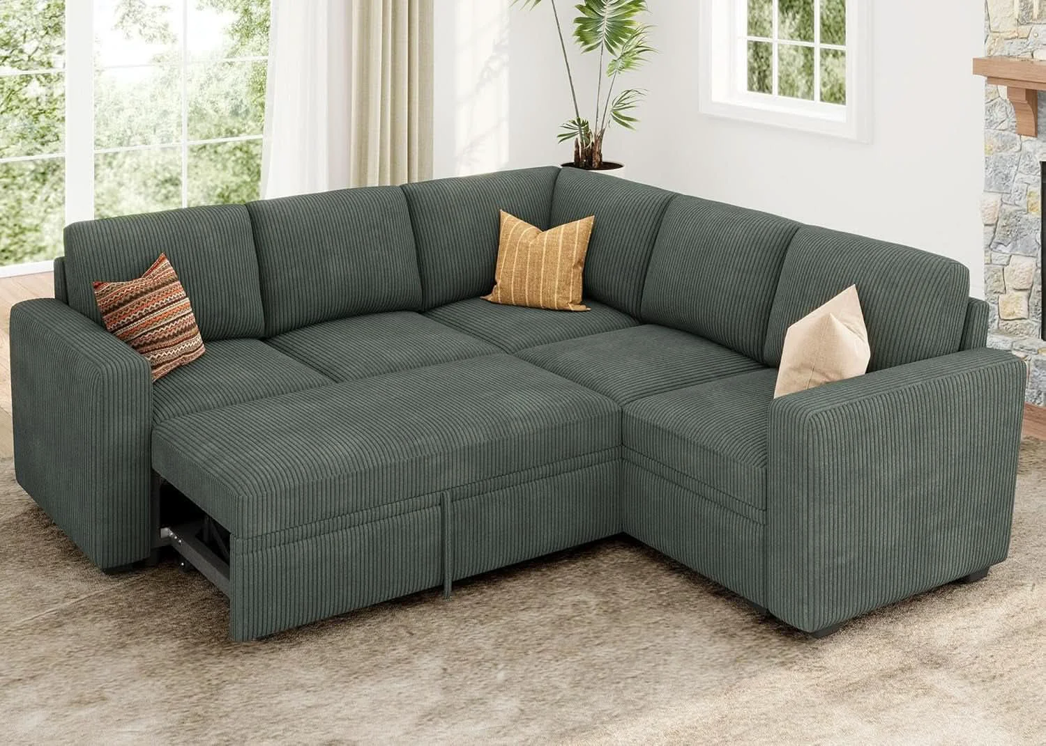 Top-Quality Green Corduroy Sectional Sleeper Sofa With Storage Smart