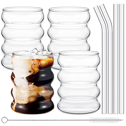 Effective 4 Pcs Creative Glass Cups Vintage Drinking Glasses Ribbed Glassware Aesthetic Cup Entertainment Dinnerware Glassware with Straws Set for Kitchen Coffee Beverage Organic