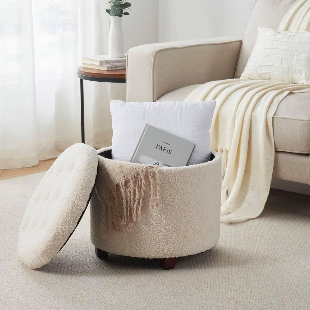 Detailed Round Storage Ottoman Boucle White Fabric Upholstery Quality
