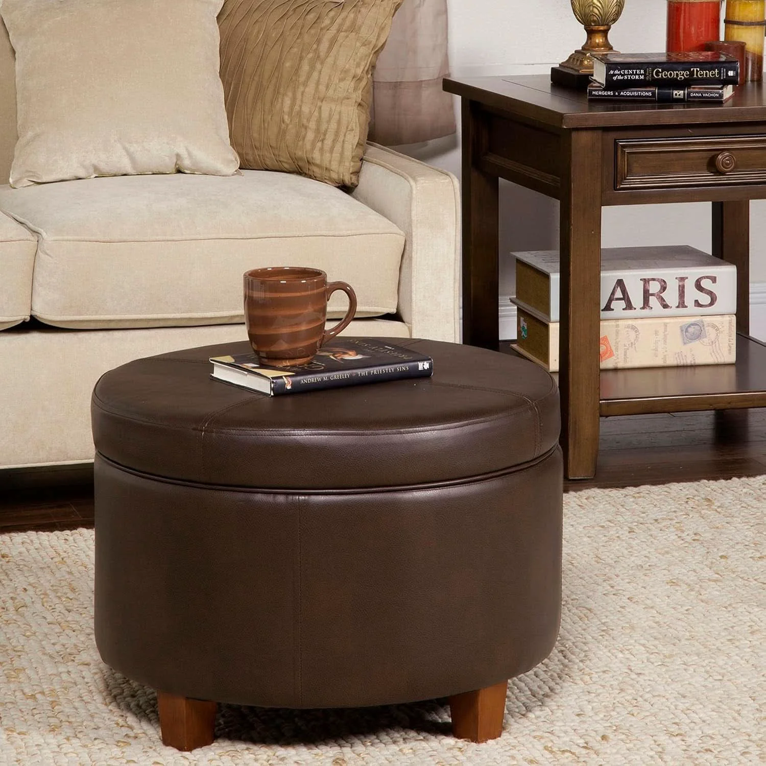 Effective Round Leatherette Storage Ottoman Chocolate Brown Large Fine